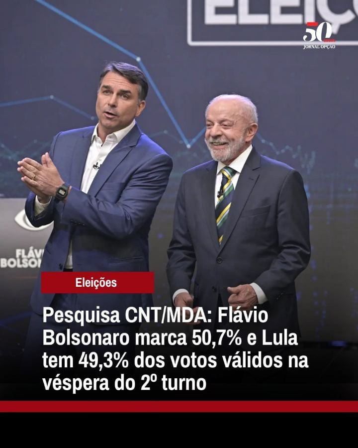 O senador Flávio Bolsonaro (PL) aparece com 50,7% dos votos válidos, enquanto o presidente Luiz Inácio Lula da Silva (PT