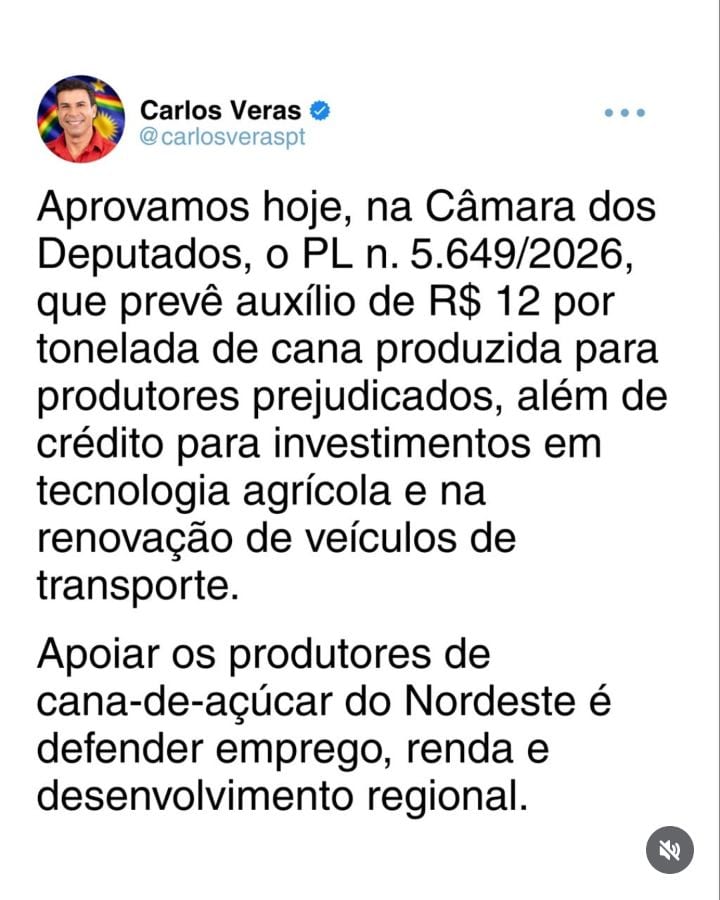 Aprovamos hoje, na Câmara dos Deputados, o PL 5.649/2026, que prevê auxílio de R$ 12 por tonelada de cana produzida para