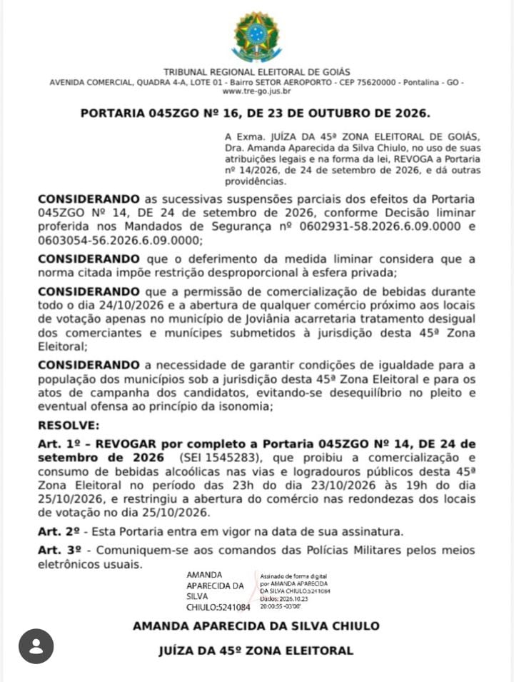A Justiça Eleitoral revogou integralmente a portaria que restringia a comercialização e o consumo de bebidas alcoólicas