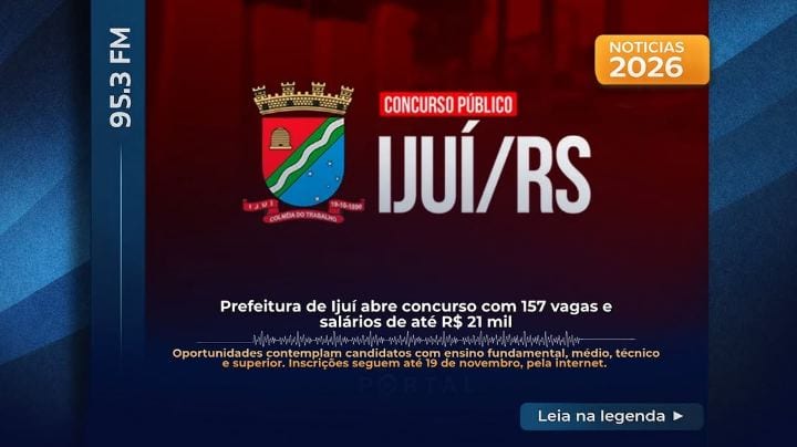 A Prefeitura de Ijuí, no Noroeste do Rio Grande do Sul, está com inscrições abertas para concurso público que oferece 15