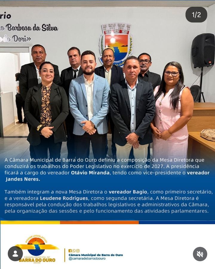 Câmara de Barra do Ouro elege Mesa Diretora para 2027