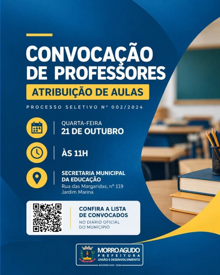 Prefeitura convoca professores classificados do 84º ao 109º para atribuição de aulas
