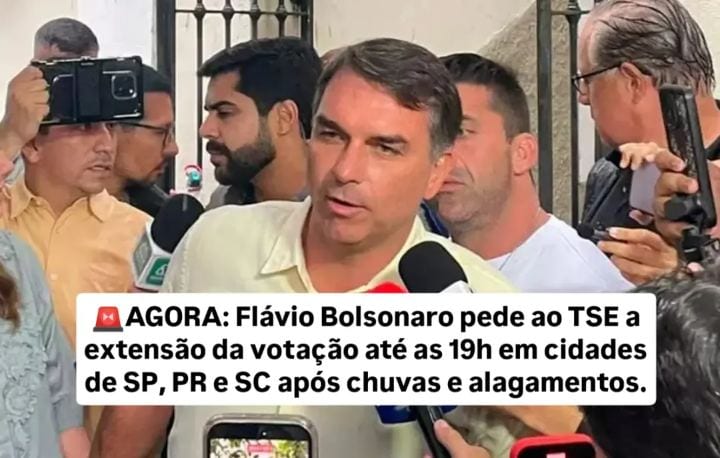 Flávio Bolsonaro pede ao TSE a extensão da votação até as 19h em cidades de SP, PR e SC após chuvas e alagamentos.