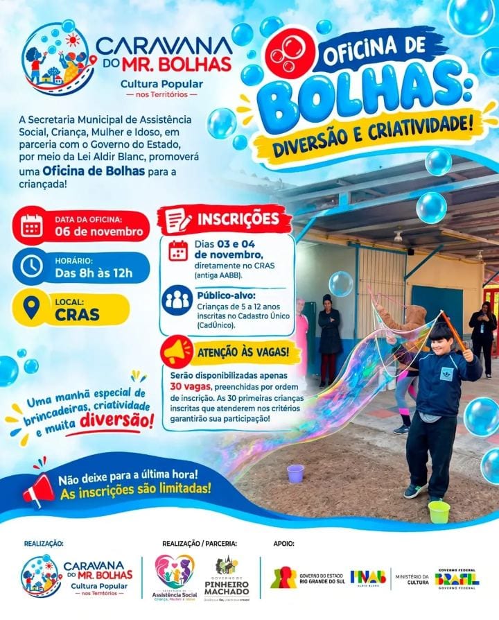 PREFEITURA PROMOVE OFICINA DE BOLHAS PARA CRIANÇAS NO CRAS