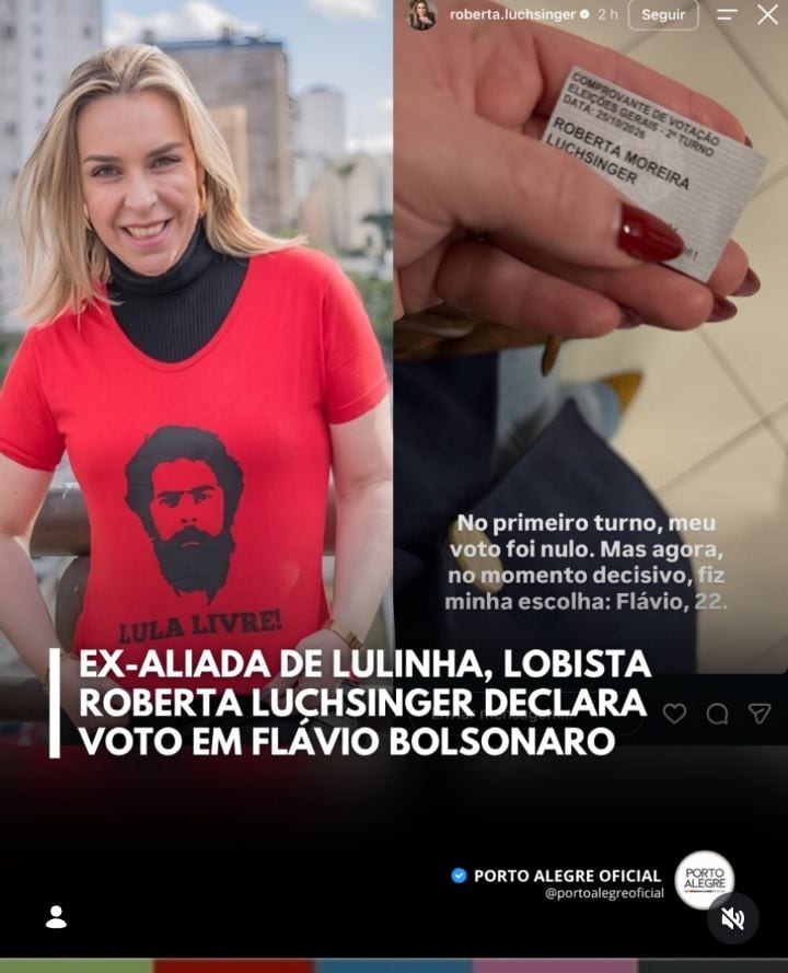 A empresária e lobista Roberta Luchsinger declarou apoio ao candidato Flávio Bolsonaro (PL) na votação deste domingo (25