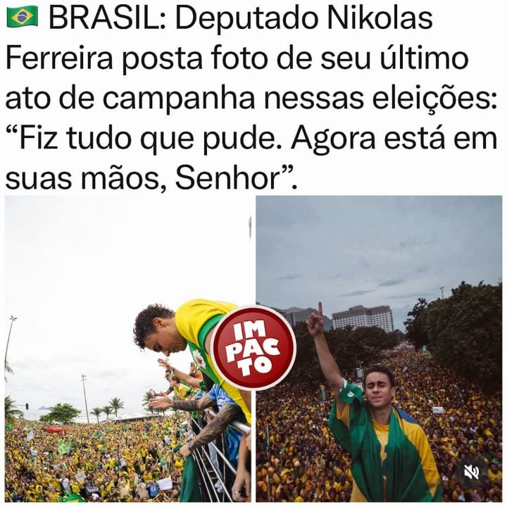 O deputado federal Nikolas Ferreira (PL-MG) compartilhou nas redes sociais registros de seu último ato de campanha nesta