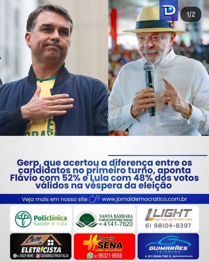 Gerp, que acertou a diferença no primeiro turno, aponta Flávio com 52% e Lula com 48% na véspera da eleição