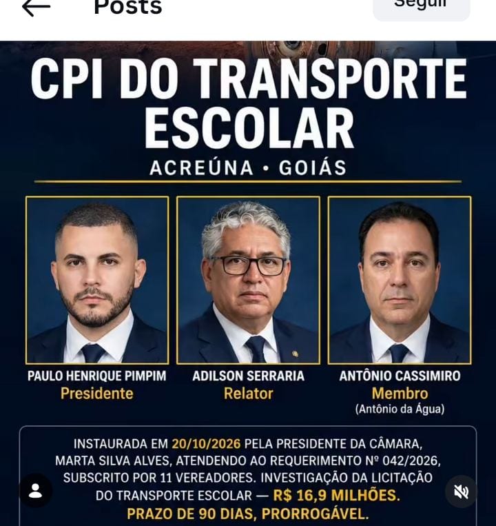 Câmara de Acreúna instala CPI para investigar transporte escolar de R$ 16,9 milhões