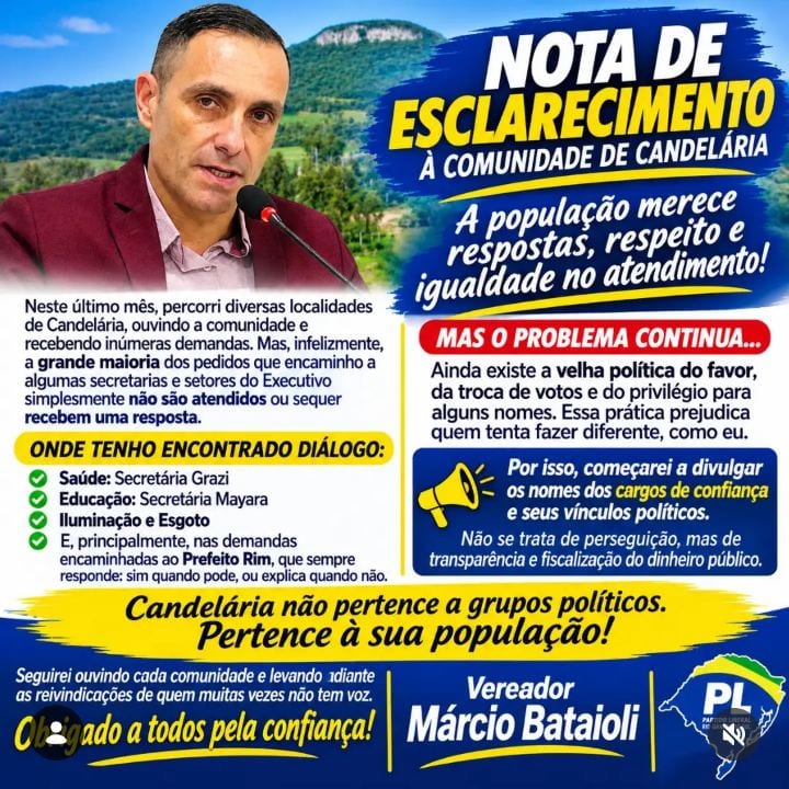 NOTA DE ESCLARECIMENTO À COMUNIDADE DE CANDELÁRIA