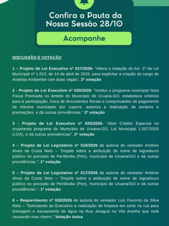 CÂMARA MUNICIPAL DE URUANA: CONFIRA A PAUTA DA SESSÃO DESTA QUARTA-FEIRA (28/10)