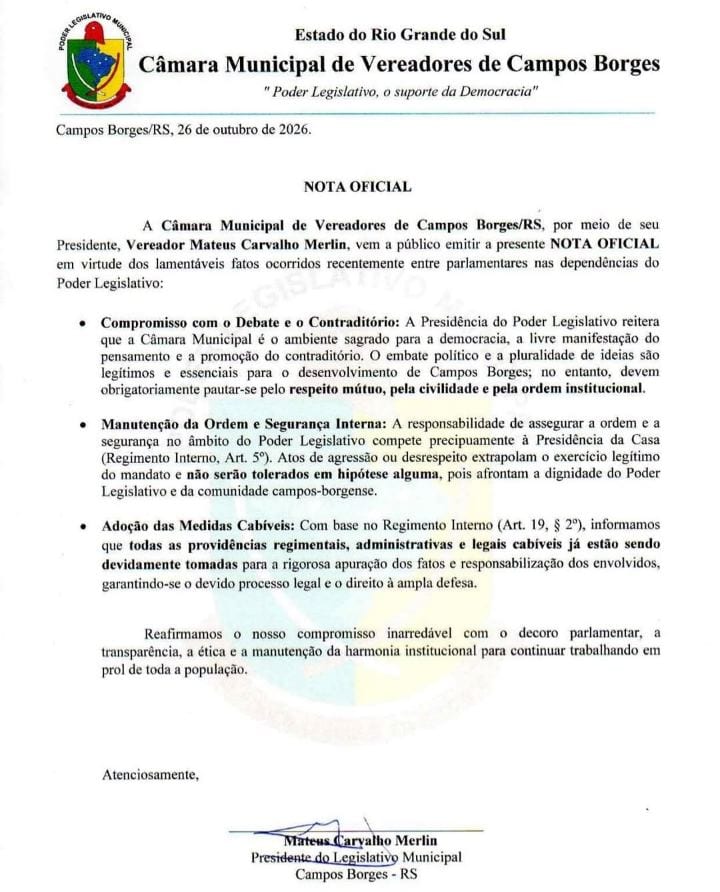 CÂMARA DE CAMPOS BORGES DIVULGA NOTA OFICIAL APÓS OCORRÊNCIAS ENTRE PARLAMENTARES
