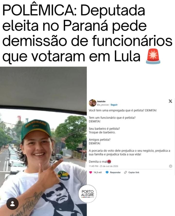 Deputada eleita no Paraná pede demissão de funcionários que votaram em Lula