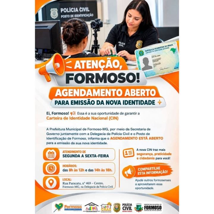 ATENÇÃO, FORMOSO! AGENDAMENTO ABERTO PARA EMISSÃO DA NOVA IDENTIDADE
