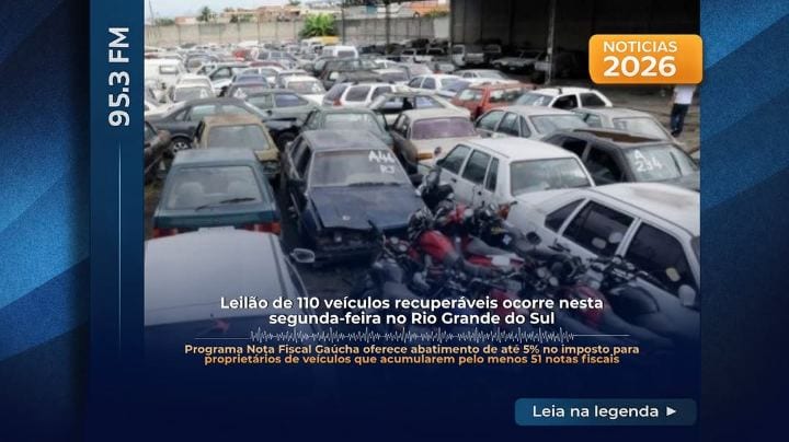 O governo do Rio Grande do Sul realiza nesta segunda-feira (26) um leilão eletrônico de 110 veículos recuperáveis perten