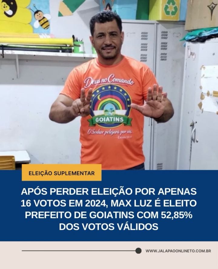 O ex-vereador e pecuarista Max Luz (Solidariedade), de 42 anos, foi eleito prefeito de Goiatins, no norte do Tocantins,