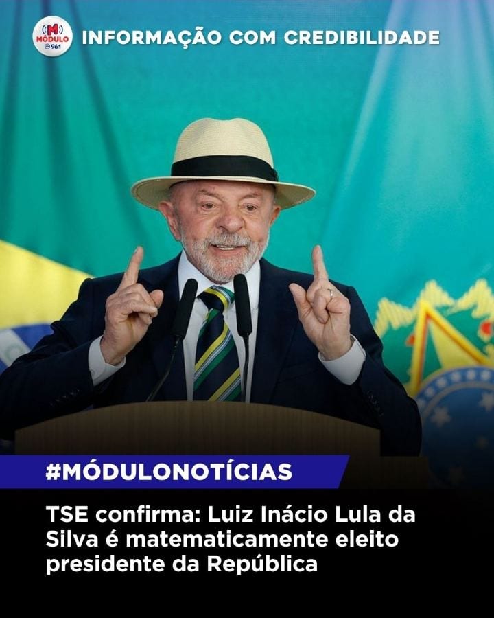 O Tribunal Superior Eleitoral (TSE) confirmou oficialmente que Luiz Inácio Lula da Silva (PT) está matematicamente eleit