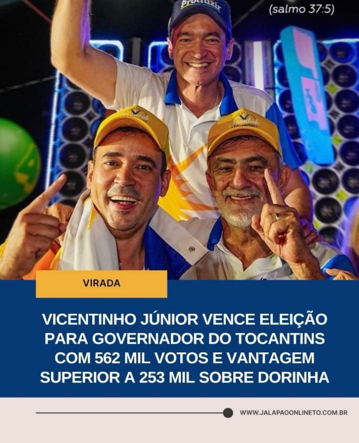 Vicentinho Júnior (PSDB) foi eleito governador do Tocantins neste domingo (25), após vencer o segundo turno com 562.083
