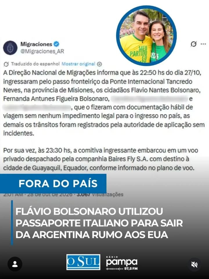 O senador Flávio Bolsonaro (PL-RJ) utilizou um passaporte italiano para embarcar em um jatinho particular rumo aos Estad