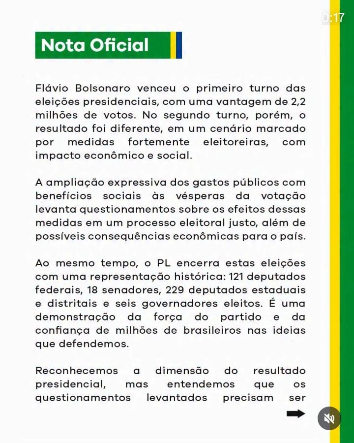 PL DIVULGA NOTA OFICIAL APÓS ELEIÇÕES E LEVANTA QUESTIONAMENTOS SOBRE O PROCESSO ELEITORAL