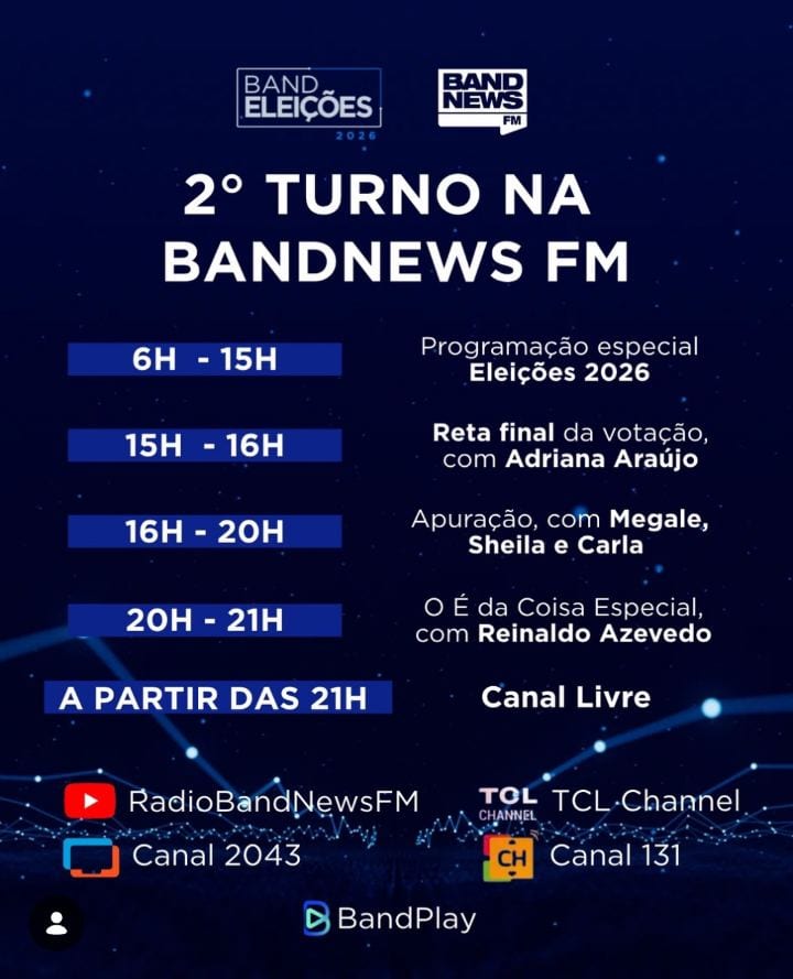2º TURNO • No domingo do 2º turno da eleição, a BandNews FM prepara uma programação especial para você não perder nenhum