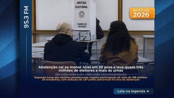 O segundo turno das eleições presidenciais de 2026, realizado neste domingo (25), registrou o menor índice de abstenção