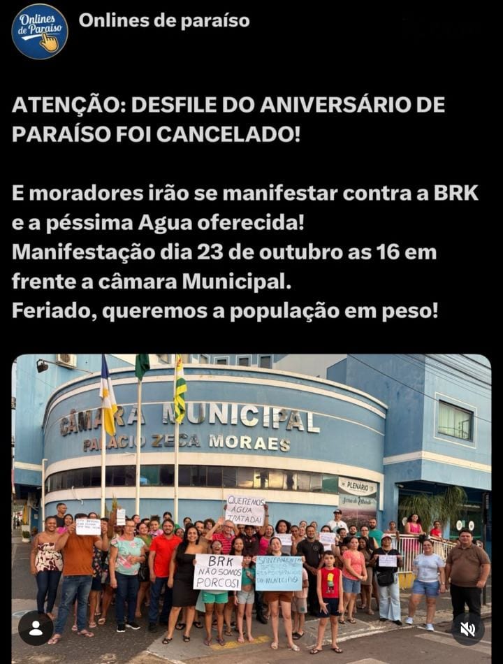 Manifestação contra a BRK em Paraíso será em 23 de outubro, 16h