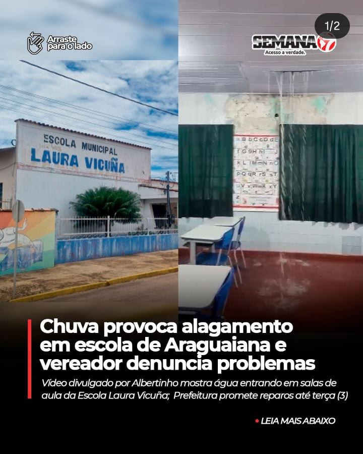As fortes chuvas que atingiram Araguaiana (MT), na tarde desta quarta-feira (28), expuseram problemas estruturais na Esc