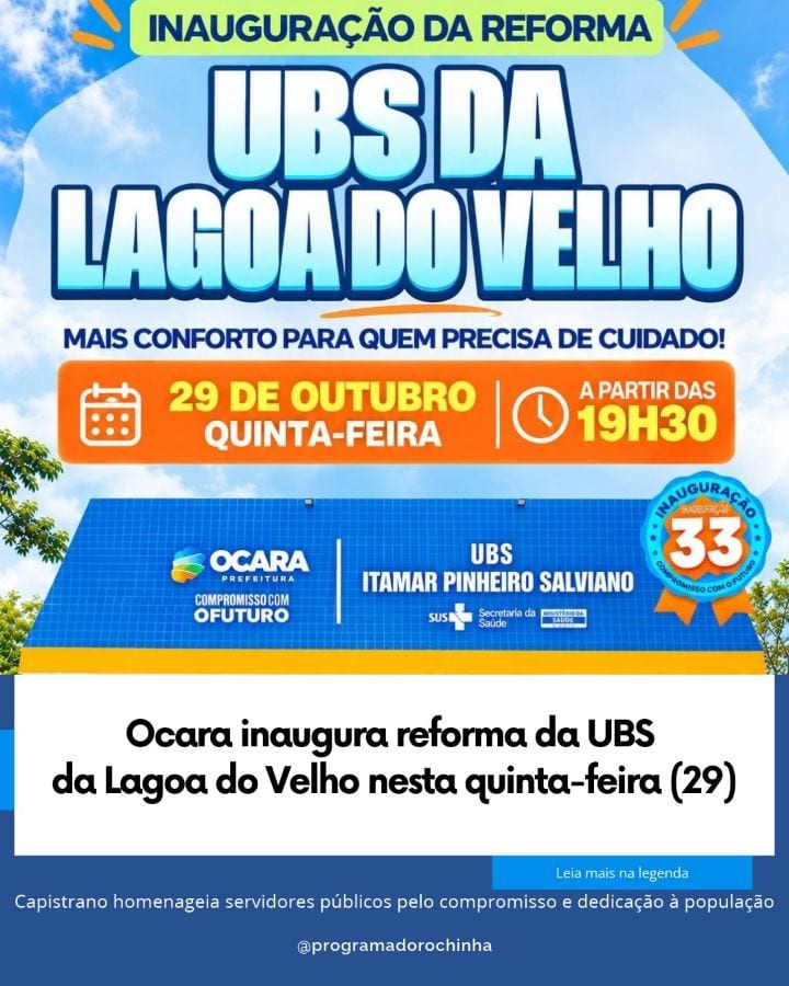A Prefeitura de Ocara realiza nesta quinta-feira (29) a inauguração da reforma da Unidade Básica de Saúde (UBS) da Lagoa