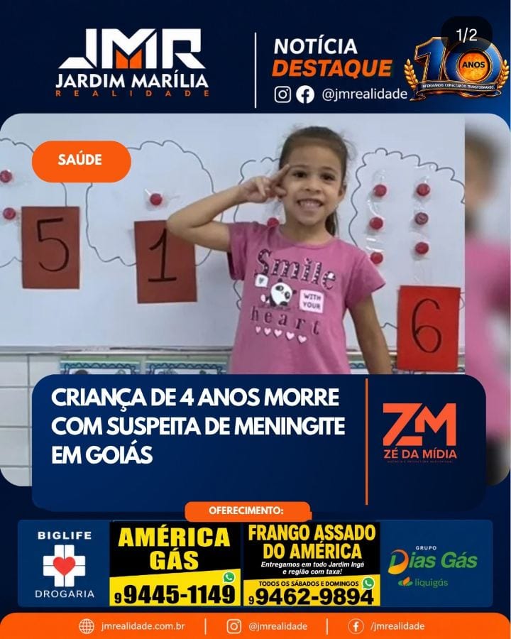 Uma criança, identificada como Geovanna Eugenio de Paula (foto em destaque), de 4 anos, morreu com suspeita de meningite
