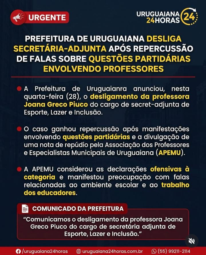PREFEITURA DE URUGUAIANA DESLIGA SECRETÁRIA-ADJUNTA APÓS REPERCUSSÃO DE FALAS SOBRE QUESTÕES PARTIDÁRIAS ENVOLVENDO PROF