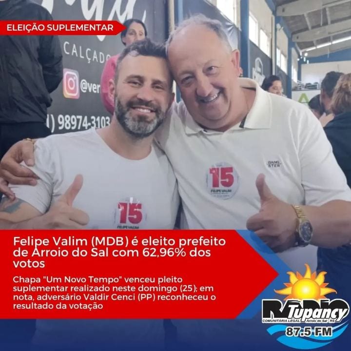 Com os resultados oficiais do TSE, Felipe Valim (MDB) foi eleito prefeito de Arroio do Sal na eleição suplementar realiz
