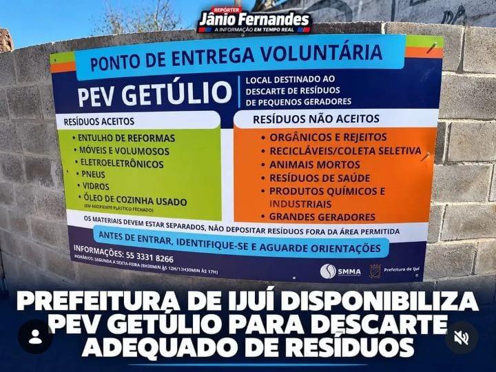 A Prefeitura de Ijuí, por meio da Secretaria Municipal de Meio Ambiente (SMMA), disponibiliza o PEV Getúlio para o desca