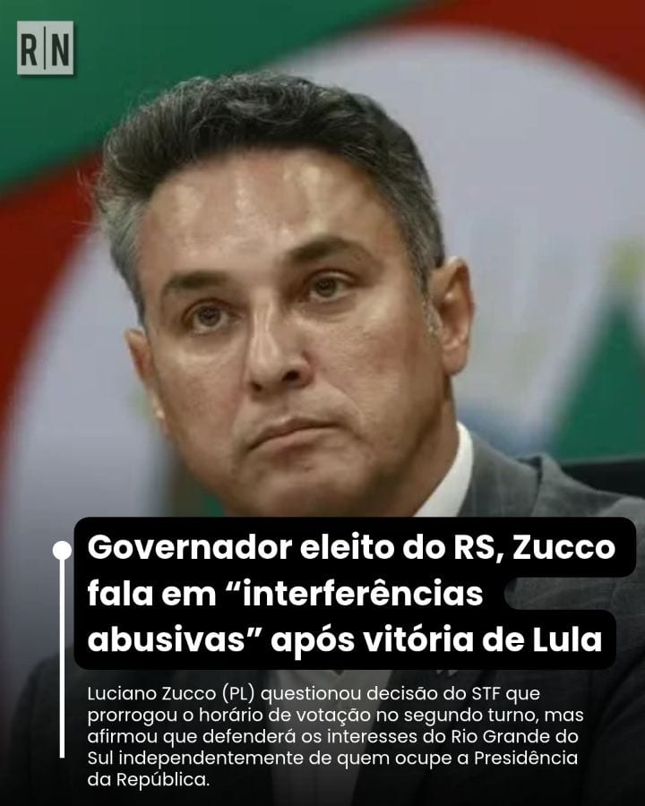 O governador eleito do Rio Grande do Sul, Luciano Zucco (PL), se manifestou nas redes sociais após a reeleição de Luiz I