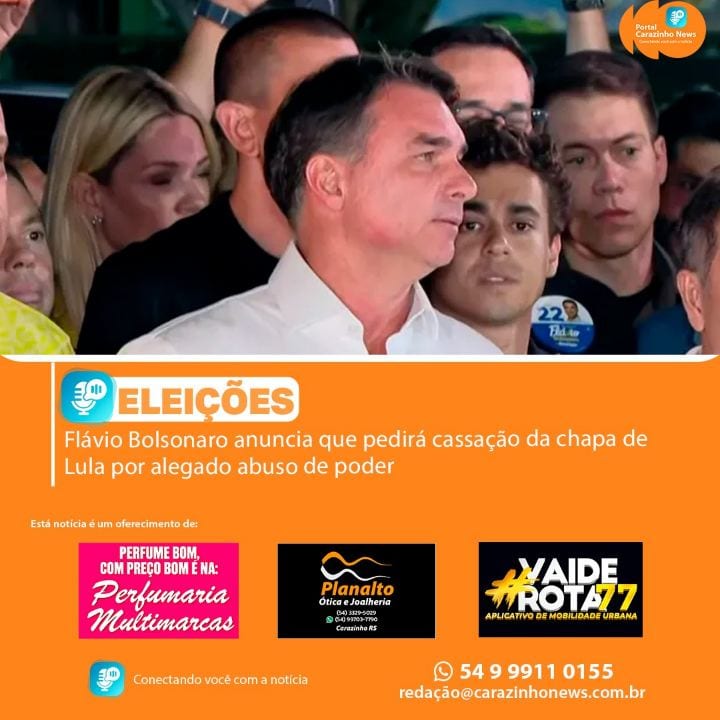 O senador Flávio Bolsonaro (PL) anunciou que pretende acionar a Justiça Eleitoral para pedir a cassação da chapa preside