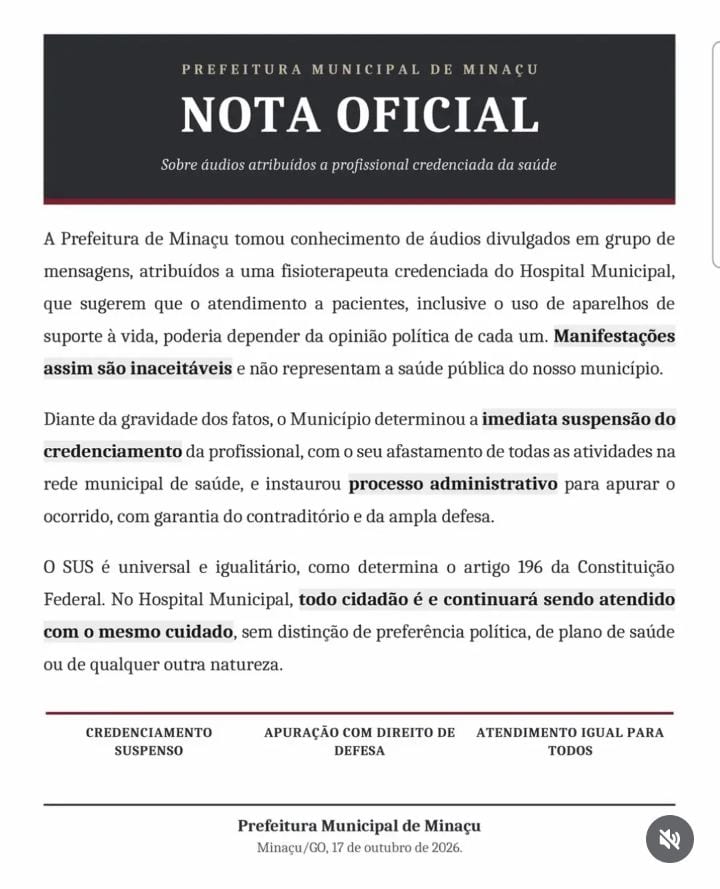 Minaçu suspende credenciamento de profissional de saúde após áudios
