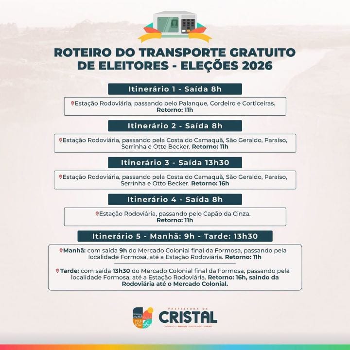 A Prefeitura Municipal de Cristal está divulgando o roteiro do transporte gratuito de eleitores para as Eleições 2026.