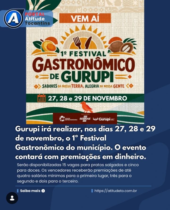 Gurupi irá realizar o 1º festival gastronômico do município, e contará com premiações de até quatro salários mínimos.