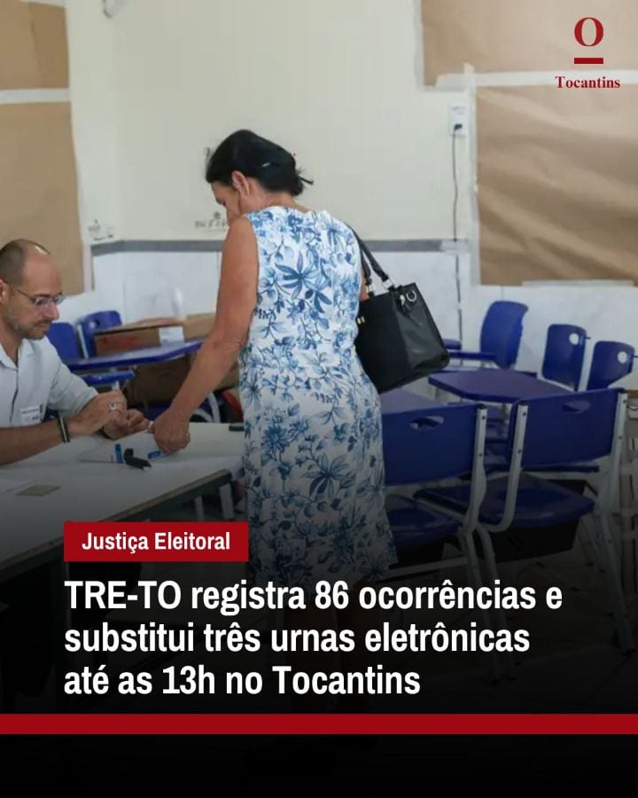 O segundo turno das Eleições 2026 no Tocantins contabilizou 86 ocorrências registradas pela Justiça Eleitoral até as 13h