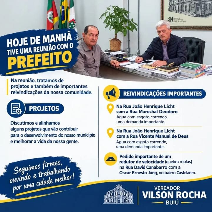 Vereador Vilson Rocha apresenta à prefeitura reclamações sobre água e trânsito