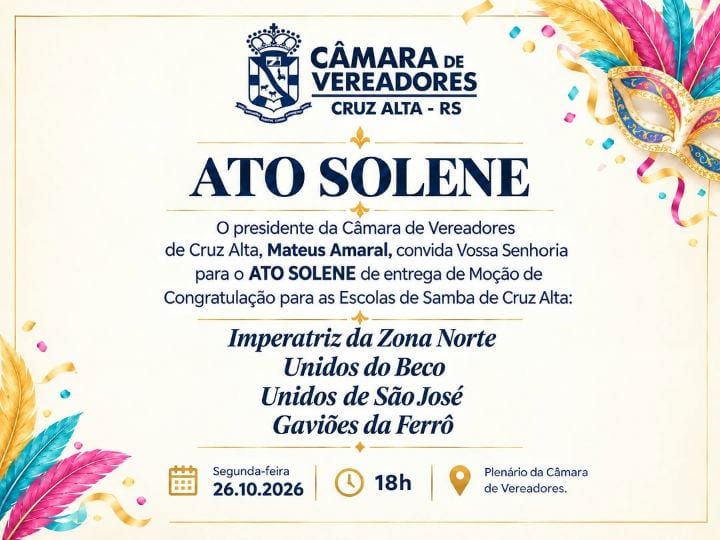 Nesta segunda-feira, 26, ocorrerá na Câmara de vereadores de Cruz Alta, ocorrerá a sessão solene de entrega de moções pa