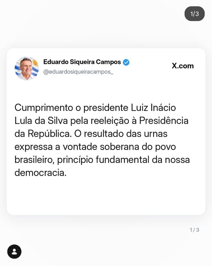 Cumprimento o presidente Luiz Inácio Lula da Silva pela reeleição à Presidência da República.
