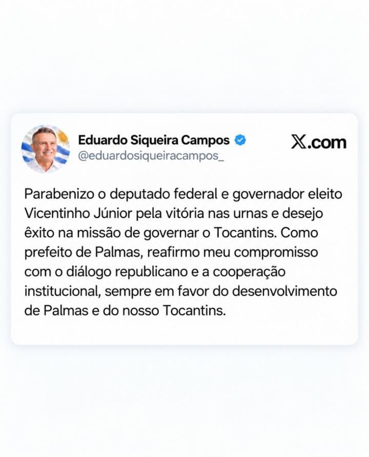 Parabenizo deputado federal Vicentinho Júnior pela vitória nas eleições para o Governo do Tocantins.