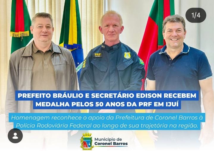 Prefeito Bráulio Scherer recebe medalha pelos 50 anos da PRF em Ijuí
