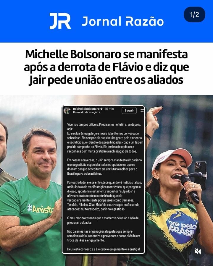 A senadora eleita Michelle Bolsonaro (PL) se manifestou nesta sexta-feira (30) sobre a derrota de Flávio Bolsonaro (PL)