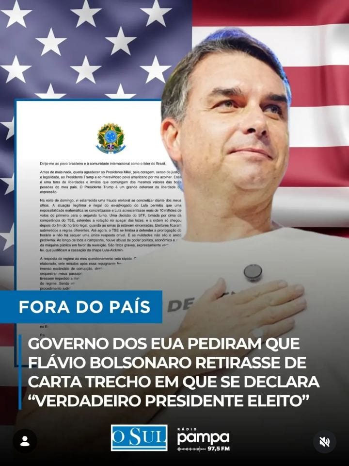 O governo dos Estados Unidos pediu ao senador Flávio Bolsonaro (PL-RJ), candidato derrotado nas eleições presidenciais,