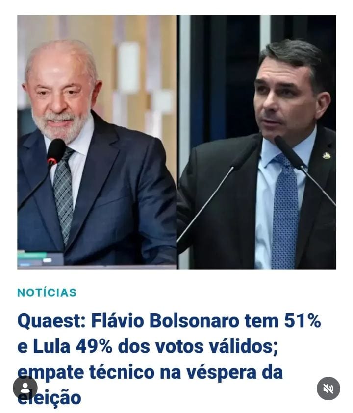 • Quaest aponta empate técnico no segundo turno - Pesquisa Quaest divulgada neste sábado (24), véspera do segundo turno,