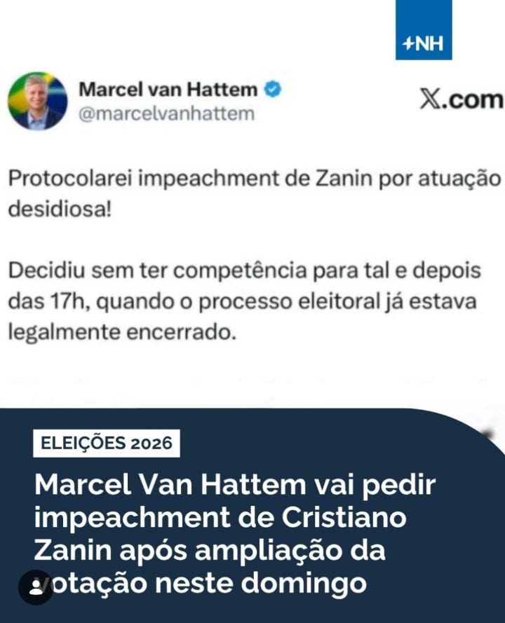 ELEIÇÕES 2026 | O senador eleito Marcel van Hattem (Novo) afirmou neste domingo (25) que vai protocolar o pedido de impe
