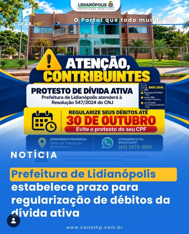 Lidianópolis dá prazo até 30 de outubro para regularizar dívida ativa