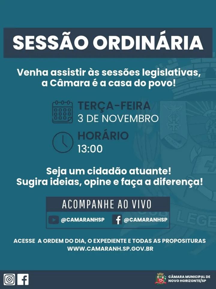 A Câmara Municipal realiza a primeira sessão ordinária de novembro, na próxima terça-feira (3), a partir das 13h.