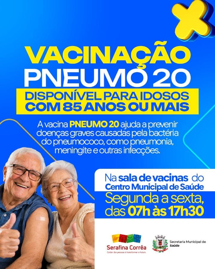 A Prefeitura de Serafina Corrêa, por meio da Secretaria Municipal de Saúde, informa que a vacina Pneumo 20 está disponív
